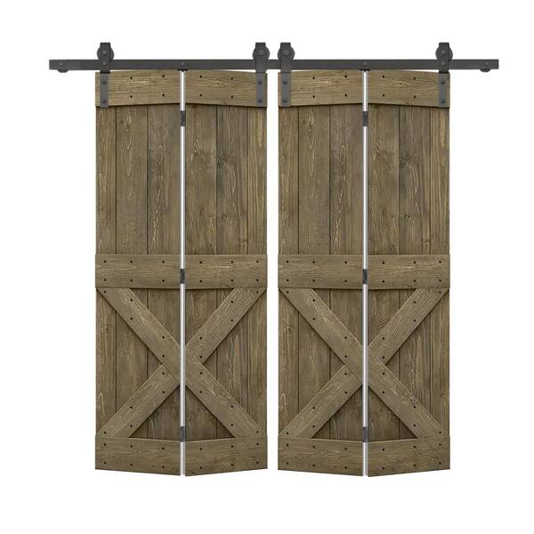 CALHOME 64 in. x 84 in. Mini X Series Aged Barrel Stained DIY Wood Double Bi-Fold Barn Doors with Sliding Hardware Kit