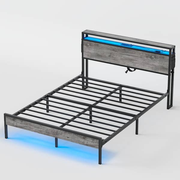 Bestier Grey Metal Frame Full Size Platform Bed With Charge Station And ...