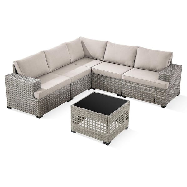 6-Piece Gray Wicker Widen Armrests Patio Outdoor Sectional Furniture Set, Coffee Table with Beige Cushions
