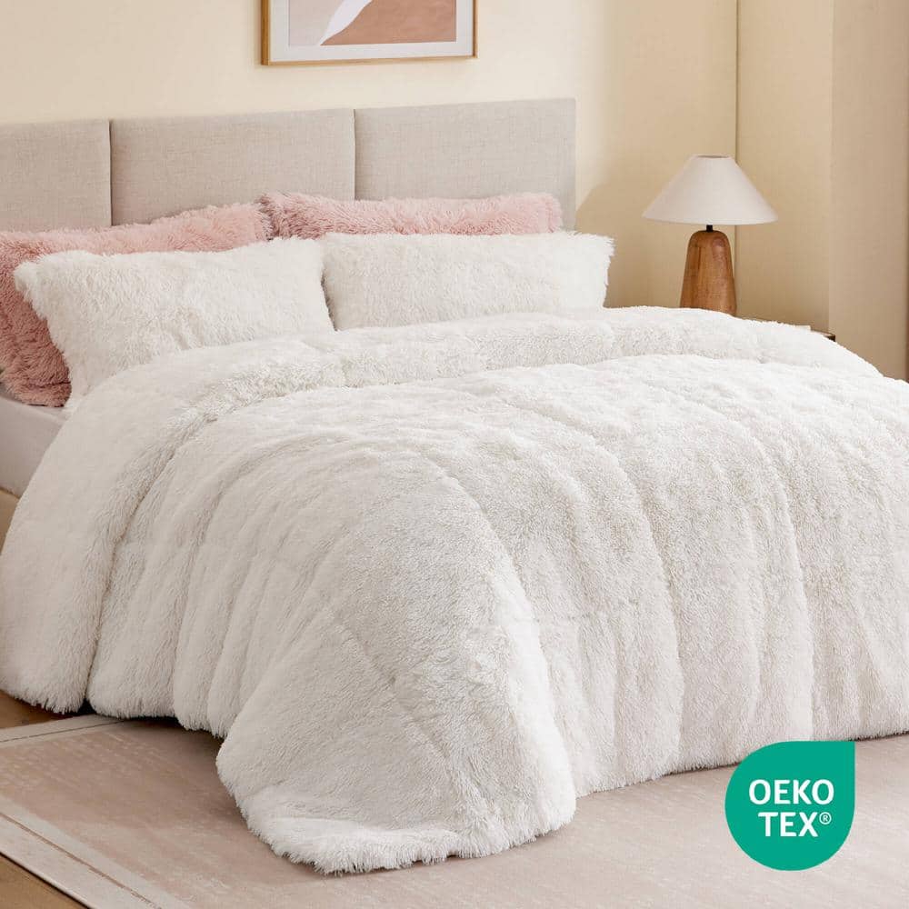 Full White Shaggy Faux Fur Comforter Set