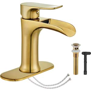 Brushed Gold Bathroom Faucet, Waterfall Bathroom Faucet Brushed Gold, Pop Up Drain Bathroom Word Bath Accessory Set
