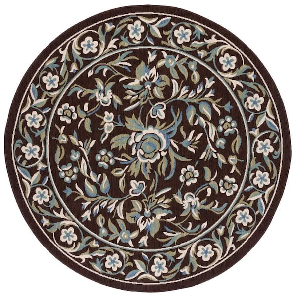 Veranda Chocolate/Aqua 7 ft. x 7 ft. Ornate Floral Border Indoor/Outdoor Round Area Rug