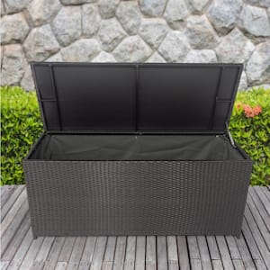 113 Gal. Wicker Outdoor Deck Box with Lid, Patio Cushion Storage Container Bin, Black