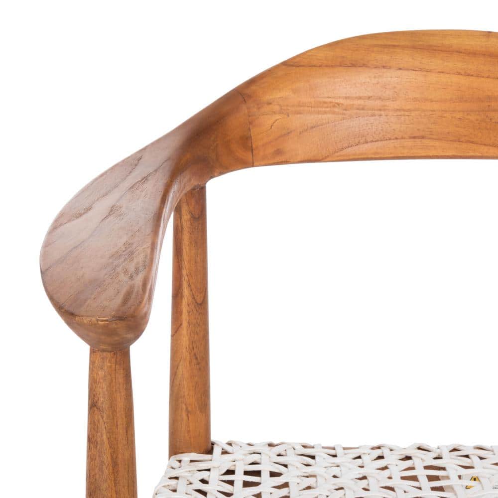 Natural Mindi Wood and White Leather Woven Accent Chair