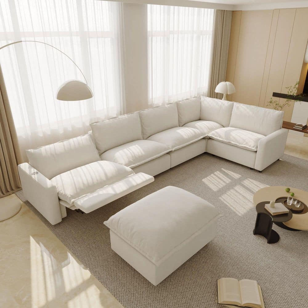 149.6 in. Square Arm 6-Piece Linen Modular Free Combination Heated Power Reclining Sectional Sofa in Beige