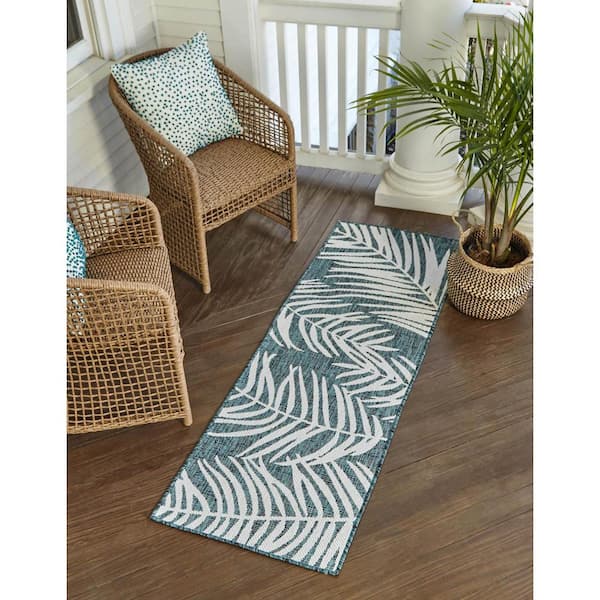 Outdoor Botanical Palm Teal 2 ft. x 6 ft. 1 in. Area rug
