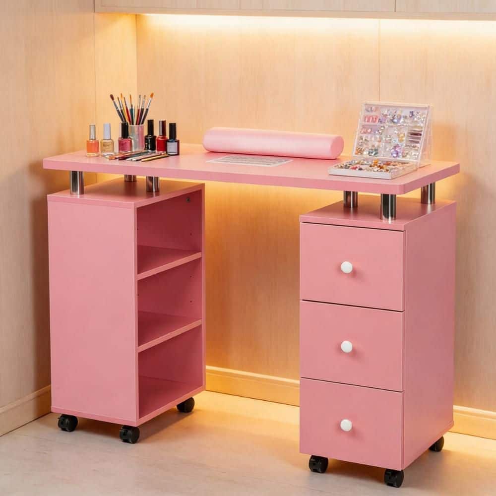 42.5 in. Rectangular Pink MDF 3-Drawer Manicure Table Nail Desk with Open Side Cabinet, Doors, Electric Dust Collector