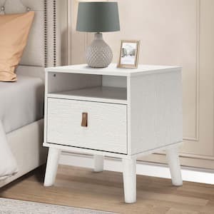 White Finish Wooden 1-Drawer Nightstand with Faux Leather Knobs (19.68 in. L x 15 in. W x 21.88 in. H)