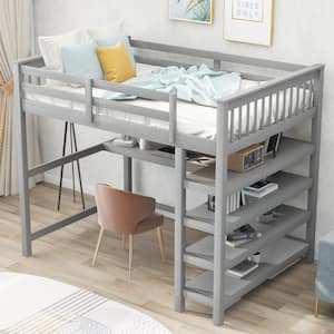 Gray Rubber Wooden Full Size Loft Bed with Storage Shelves and Under-Bed Desk