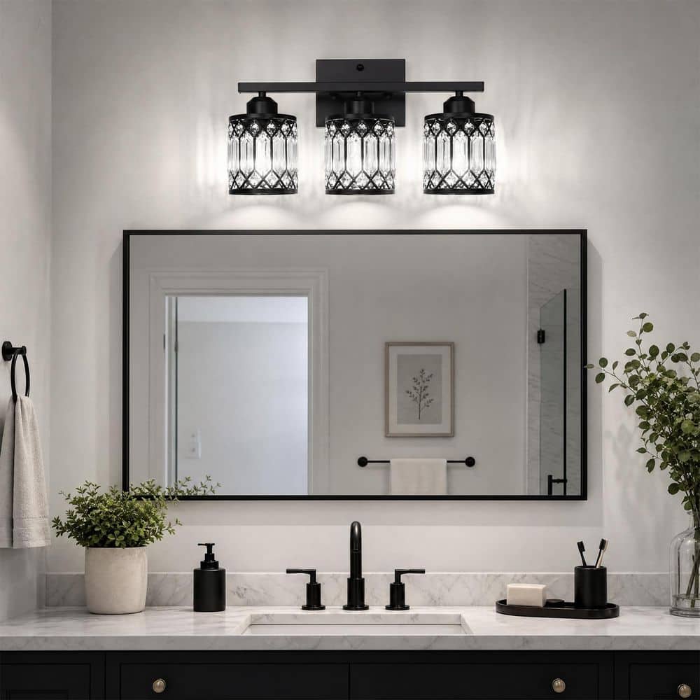 19 in. 3-Light Black Modern Cylinder Vanity Light with Straight Arms and Crystal Shades for Bathroom or Bedroom price history on PriceWatchPro