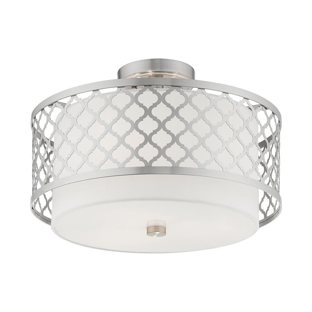 Arabesque Brushed Nickel 3-Light Semi-Flush Mount with Off-White Fabric Shade
