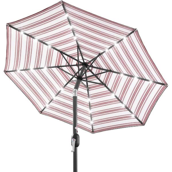 Unbranded 10 ft. Steel Pole Market Solar Push-Button Tilt Patio Umbrella in Striped Burgundy