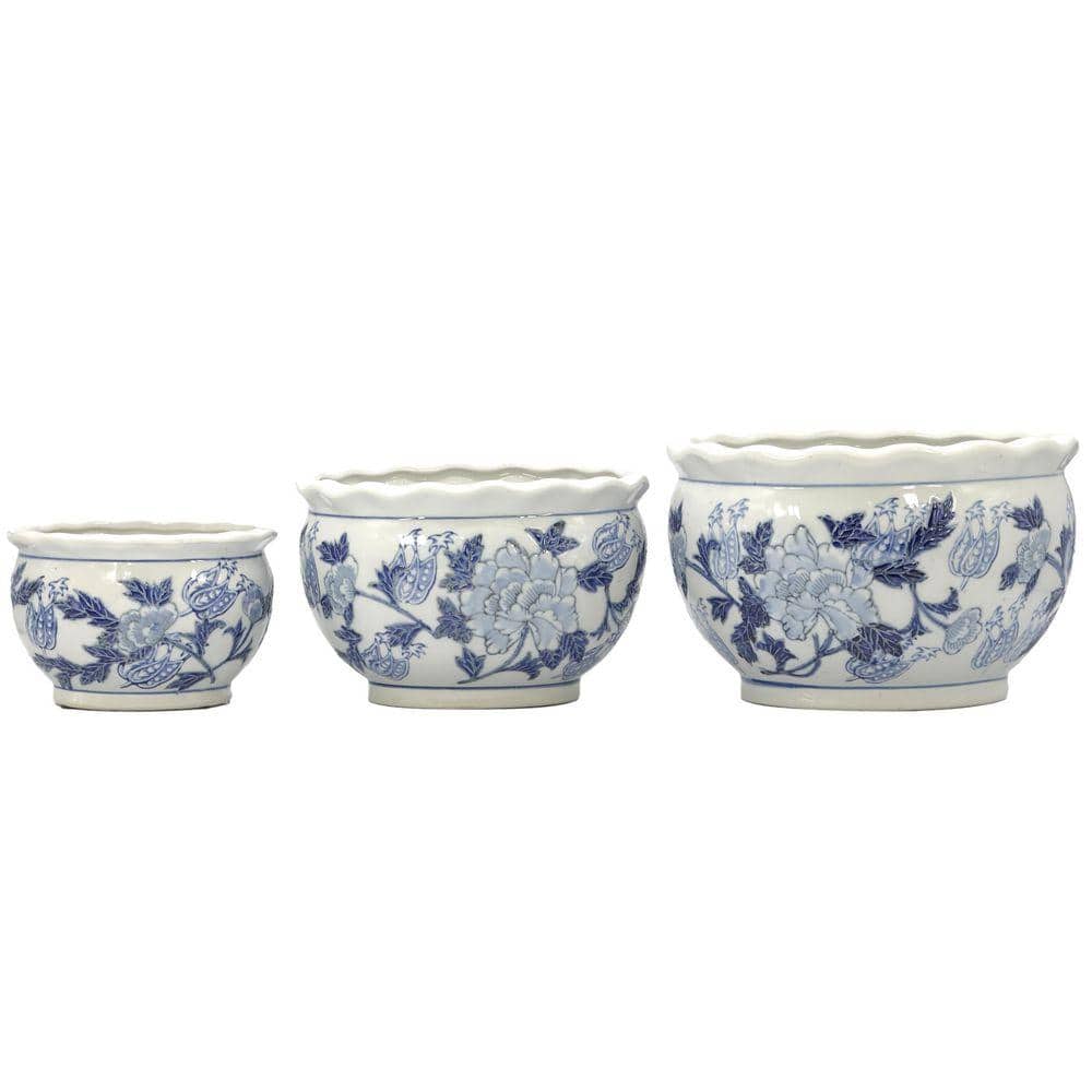 Set of 3-7.5 in. / 10 in. / 13 in. Round Blue and White Ceramic Chinoiserie Planter Pot Set price history on PriceWatchPro