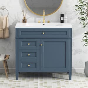 36 in. W. x 18 in. D x 34 in. H Single Sink Freestanding Bath Vanity in Dark Blue with White Resin Top