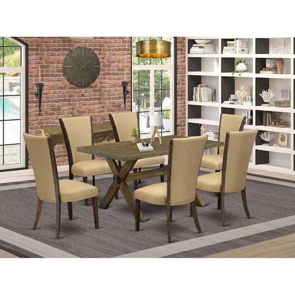 East West Furniture 7-Piece Distressed Jacobean Finish Solid Wood Top Dining Set with 1 table and 6 Upholstered-Chairs with Lattice Back