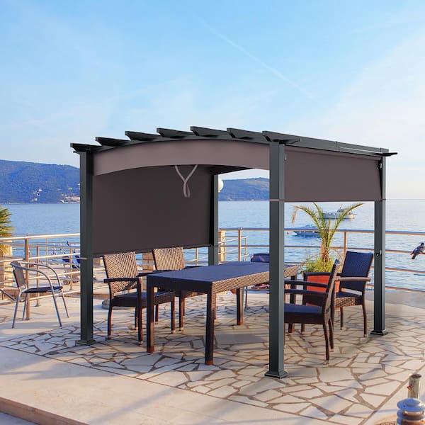 10 ft. x 10 ft. Brown Steel Patio Pergola Gazebo Sun Shade Shelter with Retractable Canopy