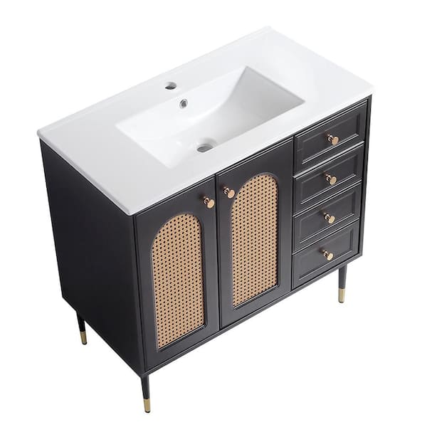 Xuanlur MDF 36 in. Bathroom Vanity with Ceramic Basin, Rattan Bathroom Storage Cabinet with 2-Doors and Drawer