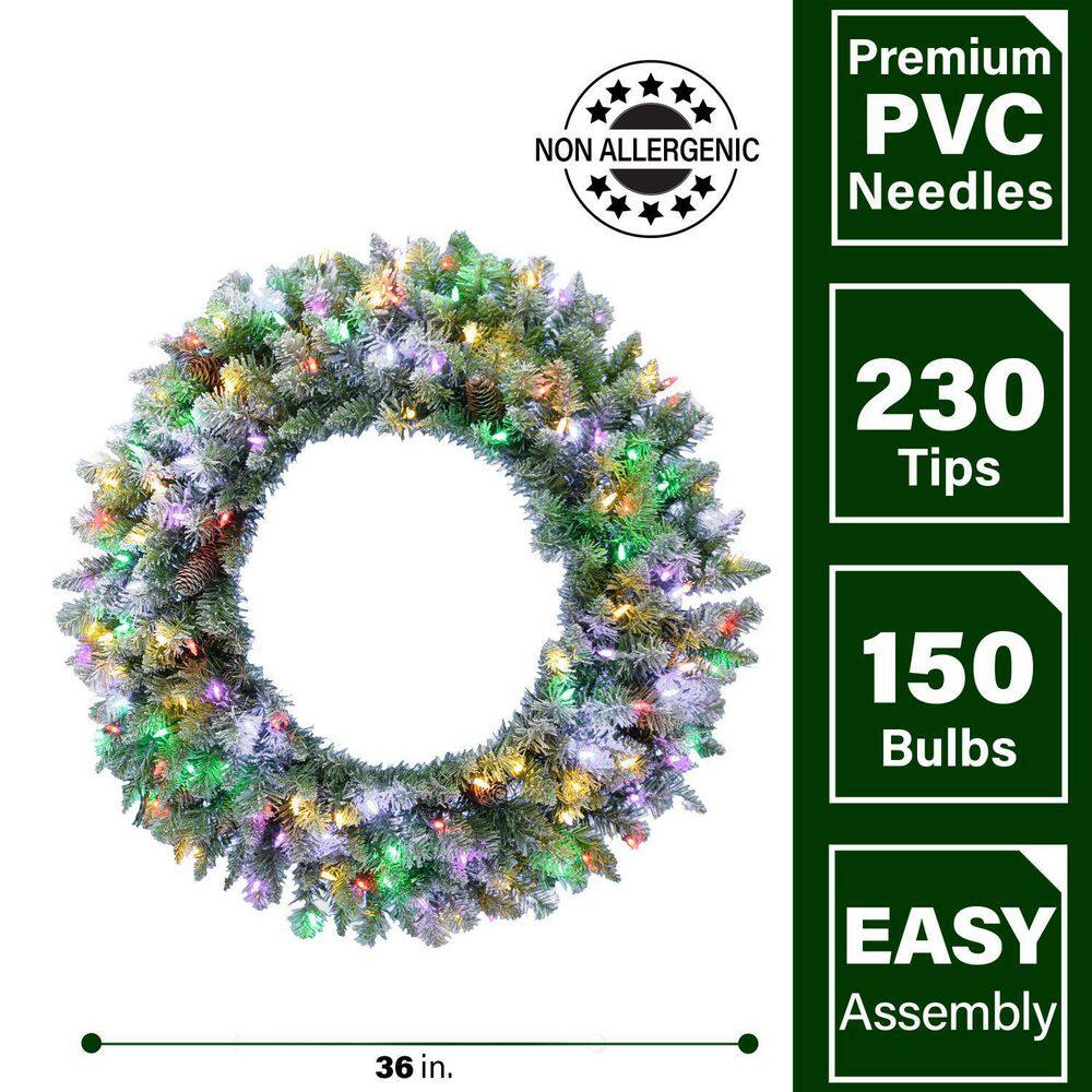 36" Frosted Pine Wreath with Pinecones and LED Lights