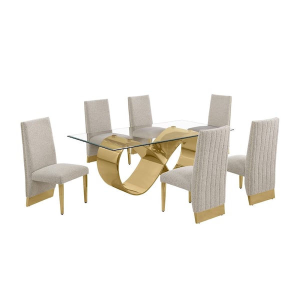 Best Quality Furniture Garrett 7-Piece Clear Tempered Glass Top with Gold Stainless Steel Base Dining Set with 6 Grey Chairs