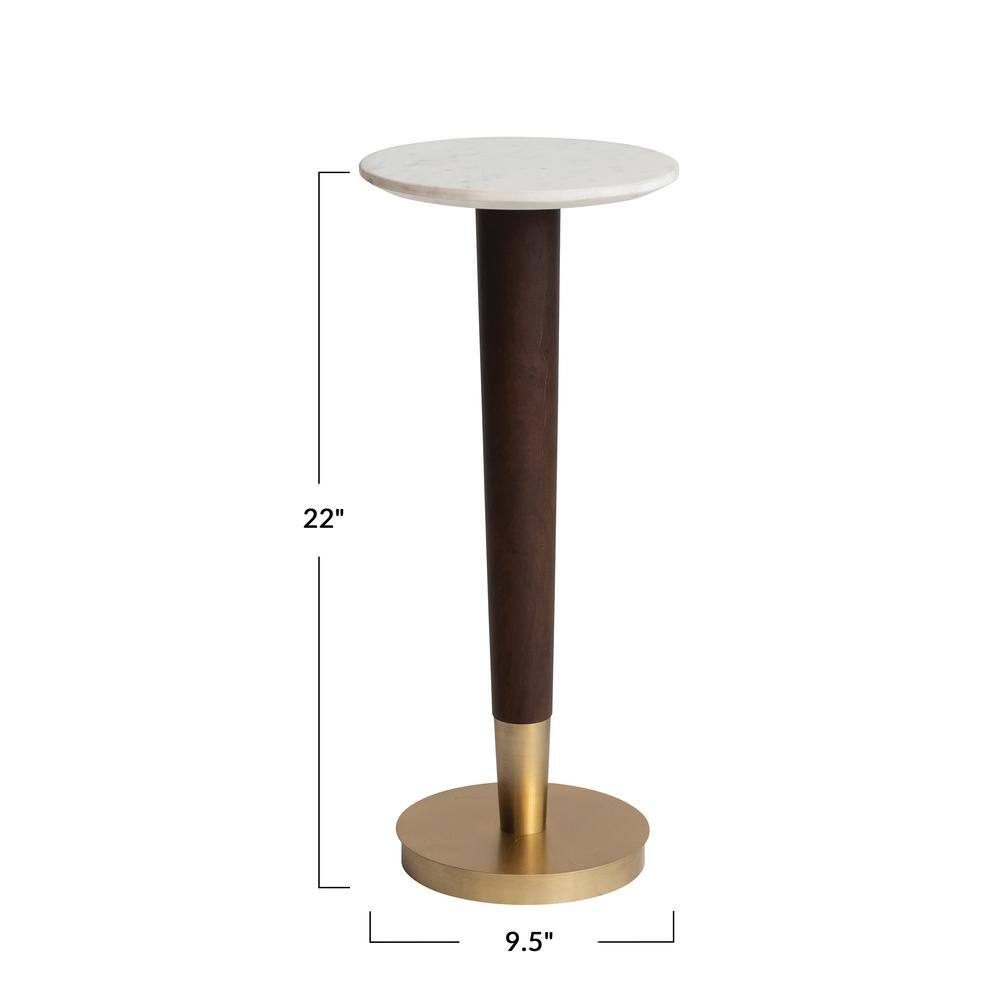 Mid-Century Modern Acacia Wood and Marble Round Accent Table