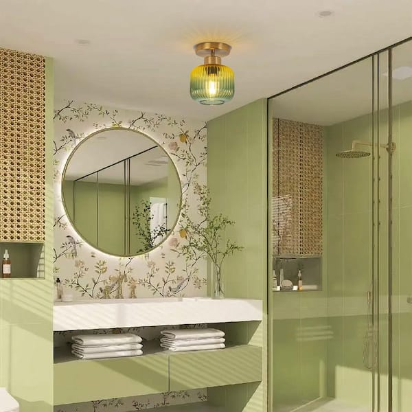 6 in. 1-Light Brass Semi-Flush Mount Ceiling Light with Tradient Green Glass Shade