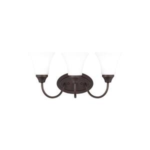 Holman 18 in. 3-Light Bronze Traditional Classic Bathroom Vanity Light with Satin Etched Glass Shades and LED Bulbs