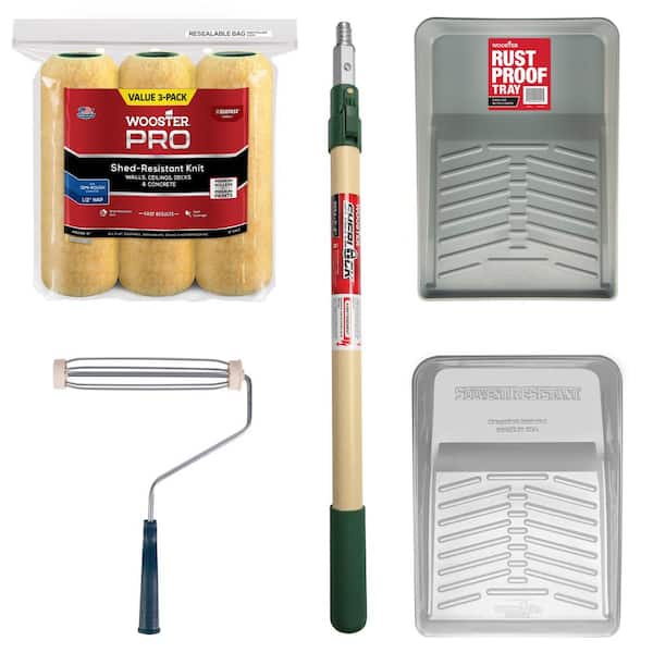 Wooster 11 in. Deluxe Plastic Tray & Liner 3-Pk, 9 in x 1/2 in. Knit Surpass 3-Pk, 9 in. Acme Frame and 2-4 ft. Sherlock Pole