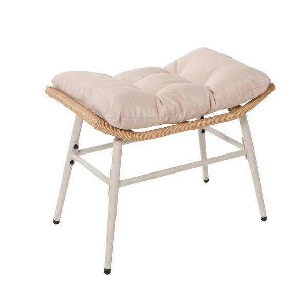 UPHA Rectangle Yellow Wicker Waterproof 4-Legged Curved Outdoor Ottoman with Beige Cushion