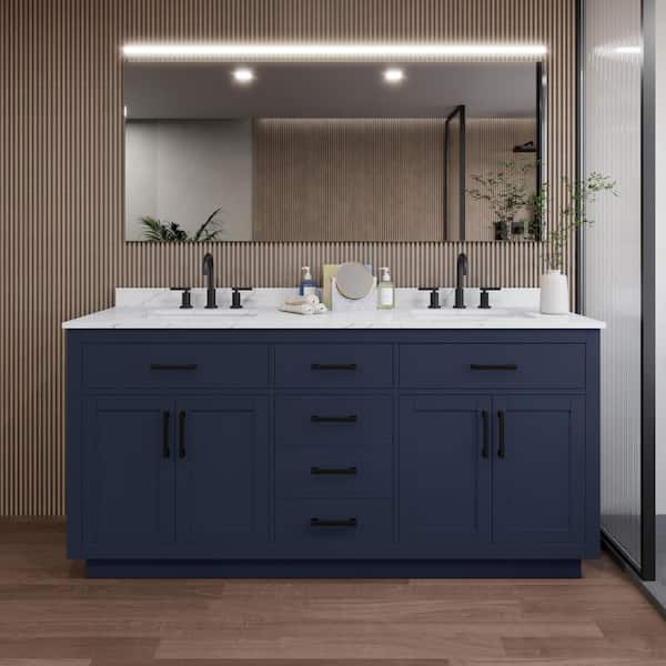 Wyndham Collection Beckett TK 72 in. W x 22 in. D x 35 in. H Double Bath Vanity in Dark Blue with Giotto Quartz Top