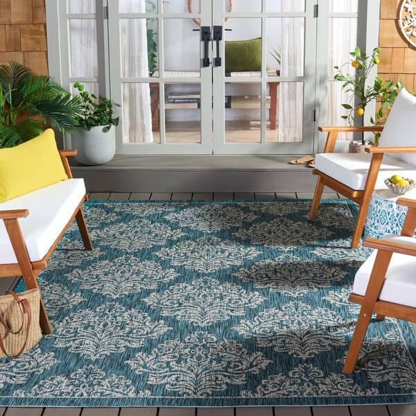 Courtyard 7 x 10 Blue/Gray Damask Area Rug