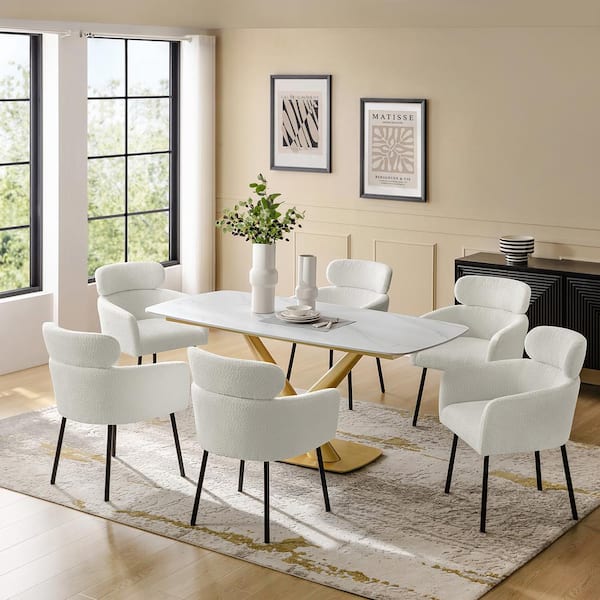 Gun White 7-Piece Modern Dining Set with 6 Ivory Chairs