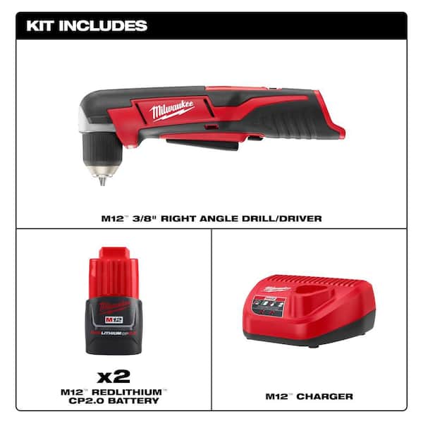 M12 12V Lithium-Ion Cordless 3/8 in. Right Angle Drill with M12 2.0 Ah Battery (2 Pack) and Charger