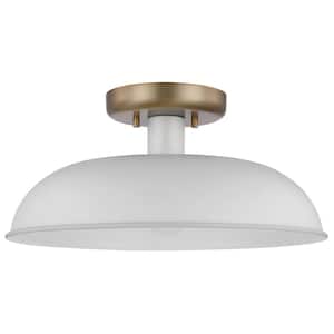 Colony 15 in. 1-Light Matte White/Burnished Brass MCM Semi-Flush Mount with White Metal Shade, No Bulbs Included