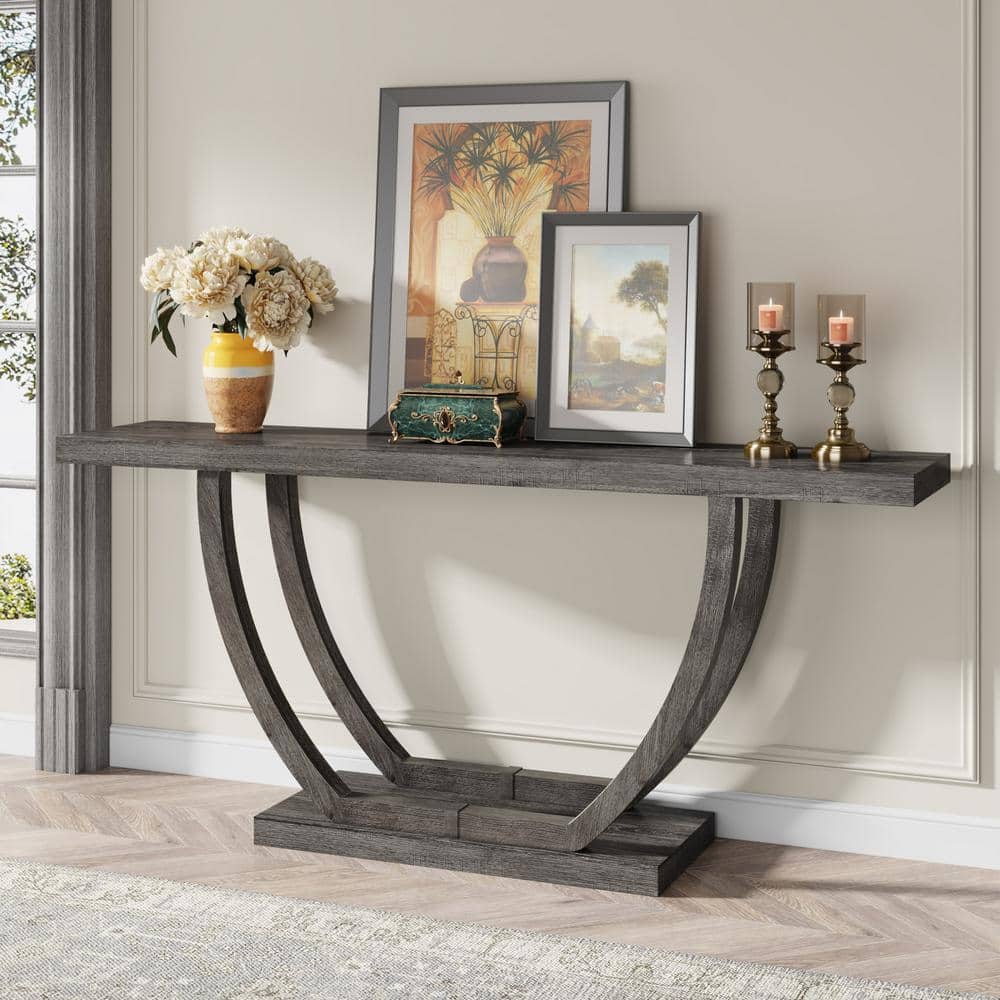 Gray 63-Inch Farmhouse Wood and Metal Console Table with Storage