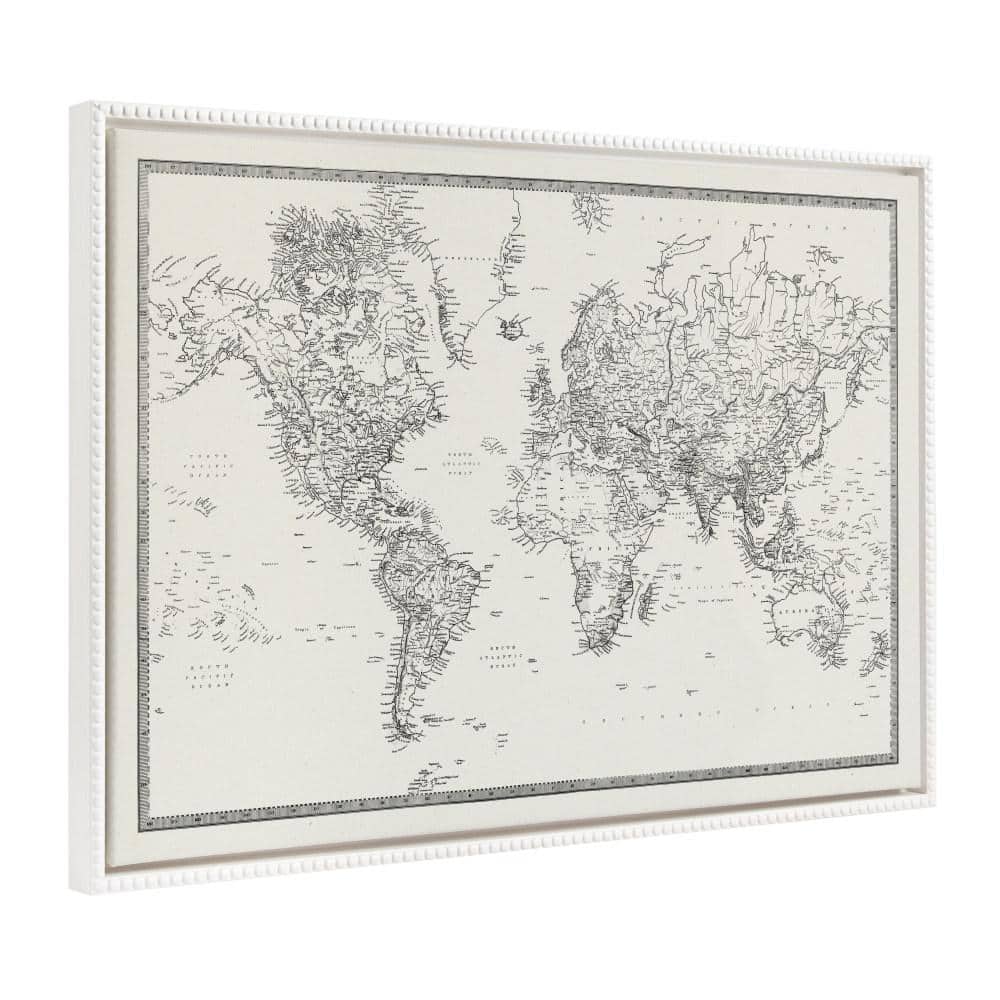 Vintage Black and White World Map Framed Canvas Art, 28"x38"