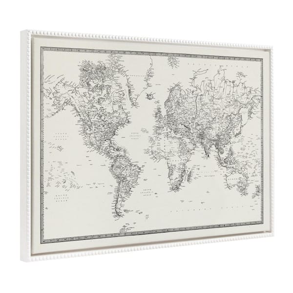 Vintage Black and White Word Map Framed Canvas Wall Art" 1-Piece White Framed Canvas Art Print, 28 in. x 38 in.