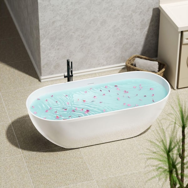 63 in. x 30 in. Luxury Solid Surface Freestanding Soaking Bathtub in Gloss White with Overflow and Pop-up Drain