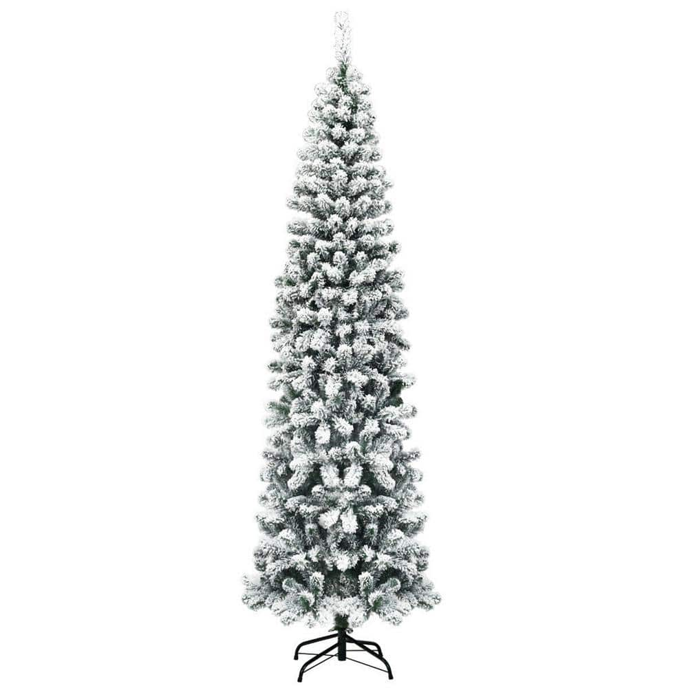 Gymax 7.5 ft. Snow Flocked Pencil Artificial Christmas Tree Pine Tree with Metal Stand