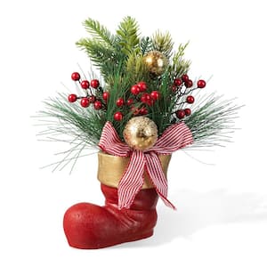 14 in. H Red Boot with Pine Needle and Berry Artificial Christmas Wreath Centerpiece