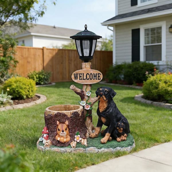 VAMOP Large Brown Resin Rottweiler Dog Family Garden Planter
