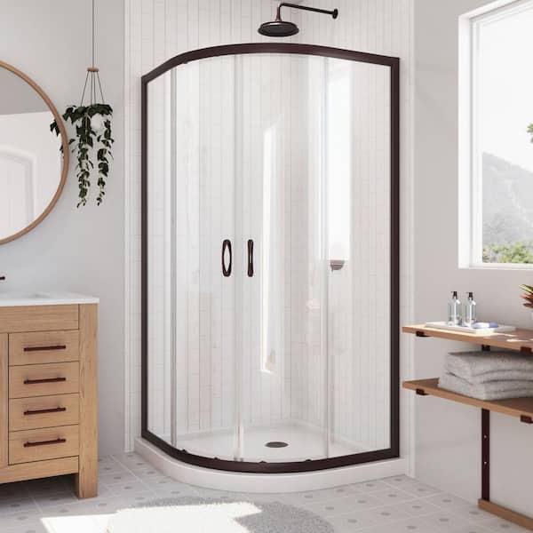 DreamLine Prime 36 in. W x 74.75 in. H Sliding Semi-Frameless Corner Shower Kit in Oil Bronze with Clear Glass