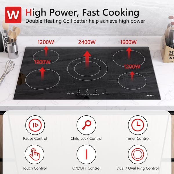 30 in. 5-Elements Ceramic Glass Surface Radiant Electric Cooktop in Black with Dual-Ring Burner and FCC Certified