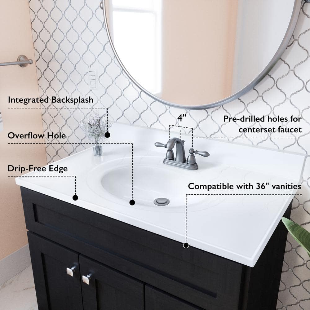 Solid White 37-Inch Cultured Marble Vanity Top with Integrated Sink