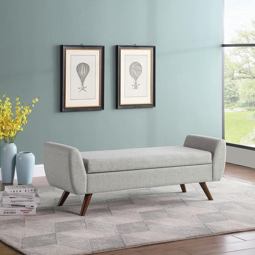 Walnut Finish Modern Gray Woven Storage Bench - 62"