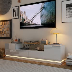 Modern Wood Glossy TV Media Console Entertainment Center With Lights&Glass Shelves, Drawers Fits TV's up to 80 in.