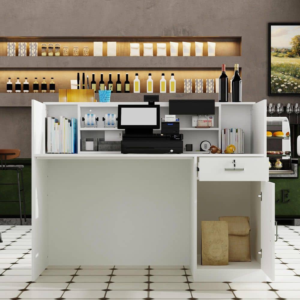 55.1 in. W x 23.6 in. D Rectangular White MDF Writing Desk with a Desktop, 6-Storage Shelves, 1-Drawer and 1-Cabinet