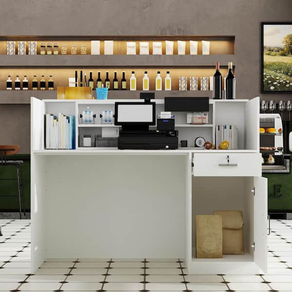 FUFU&GAGA 55.1 in. W x 23.6 in. D Rectangular White MDF Writing Desk with a Desktop, 6-Storage Shelves, 1-Drawer and 1-Cabinet