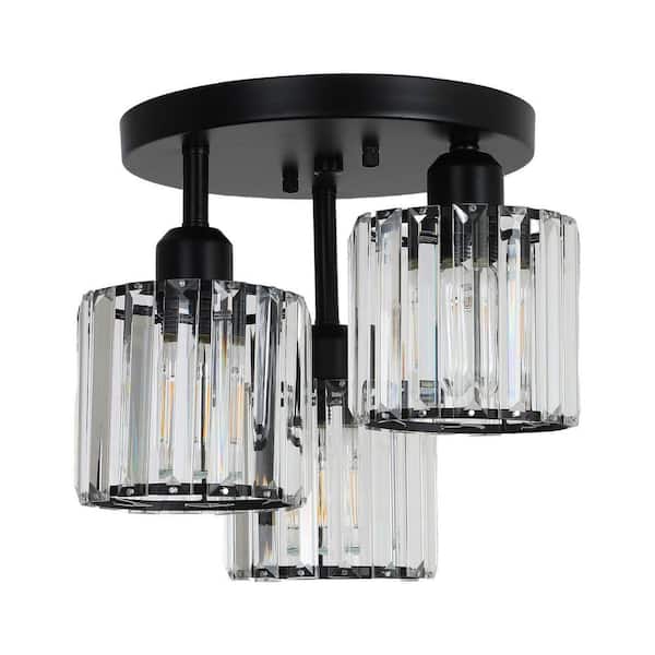 11.8 in. 3-Light Black Semi-Flush Mount Ceiling Light With Crystal Shade and No Bulbs Included