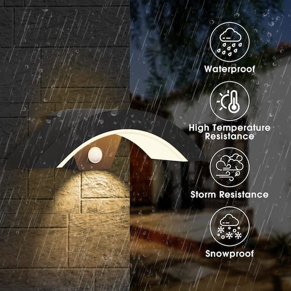 3.94 in. 1-Light Black Arc Modern Motion Sensing Dusk to Down Indoor/Outdoor 18W Integrated LED Lantern Wall Sconce