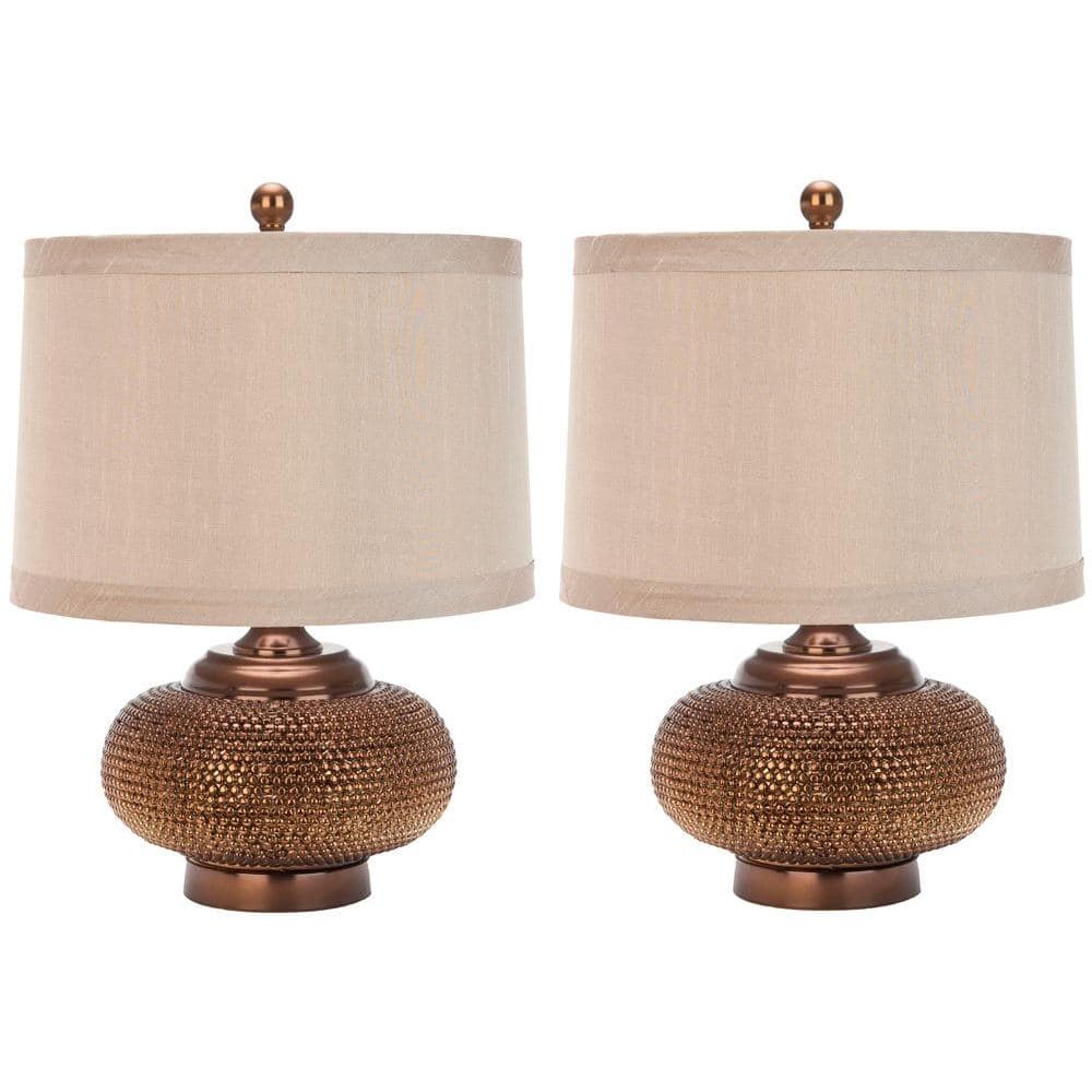 Alexis Copper Beaded Table Lamp Set with Taupe Shades